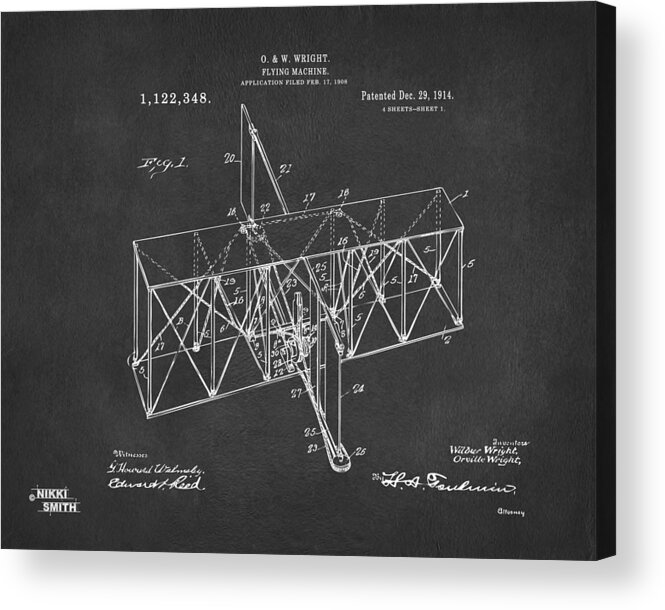 Wright Brothers Acrylic Print featuring the digital art 1914 Wright Brothers Flying Machine Patent Gray by Nikki Marie Smith