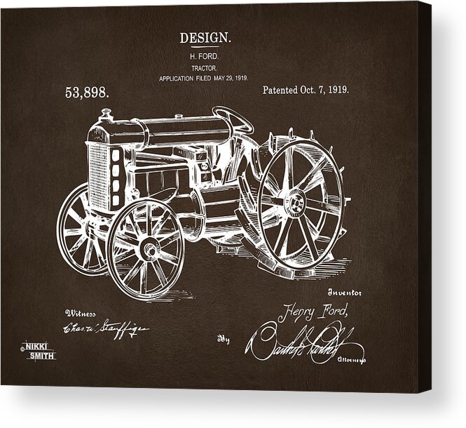 Henry Ford Acrylic Print featuring the digital art 1919 Henry Ford Tractor Patent Espresso by Nikki Marie Smith