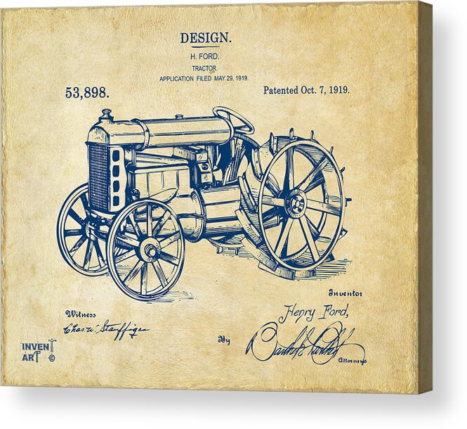 Henry Ford Acrylic Print featuring the digital art 1919 Henry Ford Tractor Patent Vintage by Nikki Marie Smith