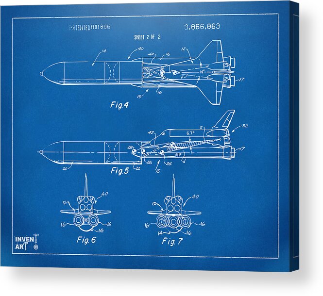Space Ship Acrylic Print featuring the digital art 1975 Space Vehicle Patent - Blueprint by Nikki Marie Smith