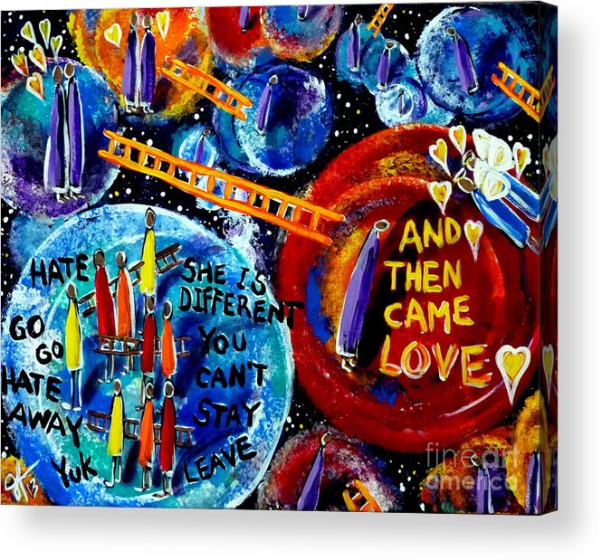 Then Acrylic Print featuring the painting Then Came Love Planets People Ladders Bridges Hate Hope LGBTQ Gay Lesbian Family Jackie Carpenter by Jackie Carpenter