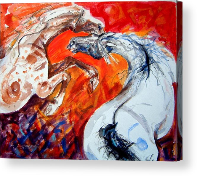 Horses Acrylic Print featuring the painting A confrontation by Mary Armstrong
