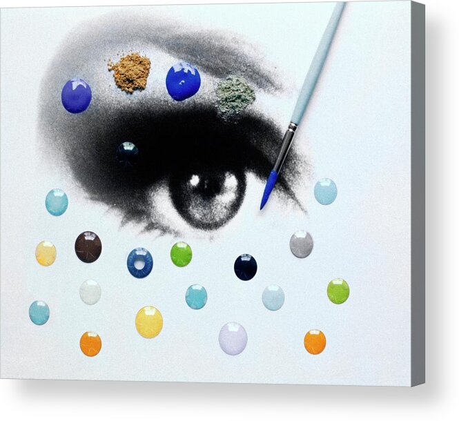Max Factor Acrylic Print featuring the photograph A Drawing Of An Eye With Colorful Contact Lenses by Gene Laurents