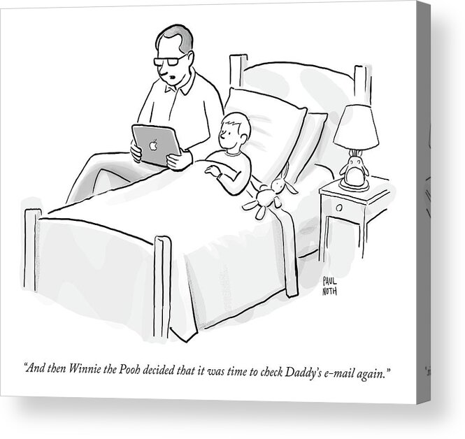 Email Acrylic Print featuring the drawing A Father Is Reading His Son A Bedtime Story by Paul Noth