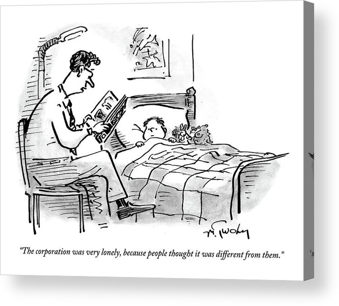 #condenastnewyorkercartoon Acrylic Print featuring the drawing A Father Tucks His Son Into Bed With A Bedtime by Mike Twohy