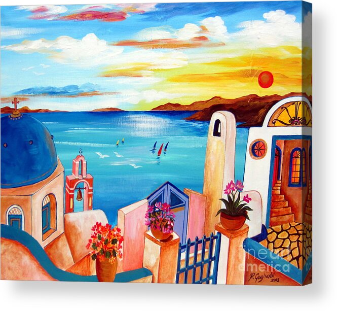Santorini Acrylic Print featuring the painting A Greek seaview by Roberto Gagliardi