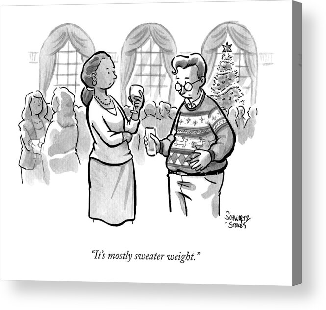 Christmas Acrylic Print featuring the drawing A Plump Man At A Christmas Party Talks by Benjamin Schwartz