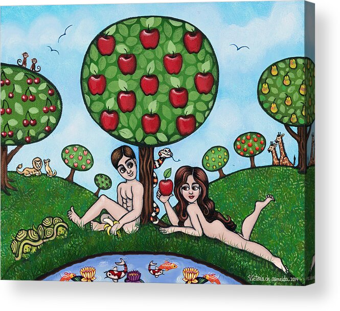 Adam And Eve Acrylic Print featuring the painting Adam and Eve The Naked Truth by Victoria De Almeida