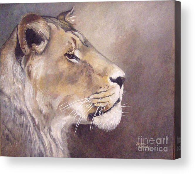 African Lioness Acrylic Print featuring the painting African Lioness On Alert by Suzanne Schaefer