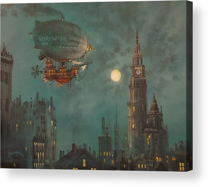 Airship Acrylic Print featuring the painting Airship by Moonlight by Tom Shropshire