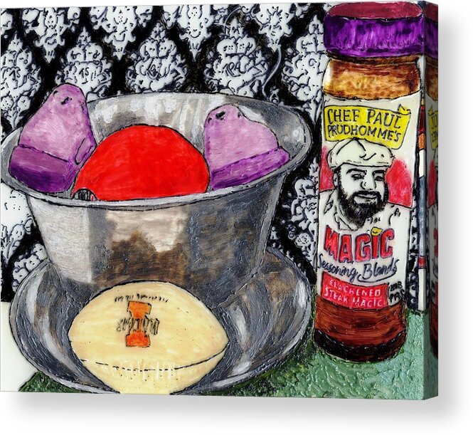 Peeps Acrylic Print featuring the painting An Apple Purple Peeps and Paul Prudhomme by Phil Strang