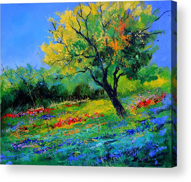 Landscape Acrylic Print featuring the painting An oak amid flowers in Texas by Pol Ledent