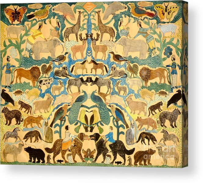 Elephant; Butterfly; Bird; Camel; Lion; Giraffe; Horse; Bear; Dog; Zebra; Deer; Leopard; Garden; Eden; Group; Cat; Fox Acrylic Print featuring the painting Antique Cutout of Animals by American School