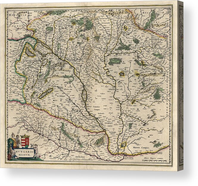 Hungary Acrylic Print featuring the drawing Antique Map of Hungary by Willem Janszoon Blaeu - 1647 by Blue Monocle