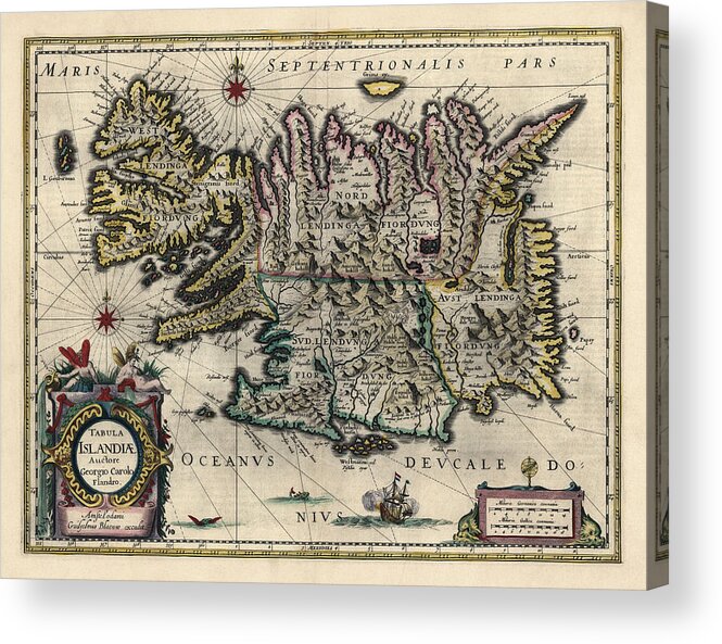 Iceland Acrylic Print featuring the drawing Antique Map of Iceland by Willem Janszoon Blaeu - 1647 by Blue Monocle