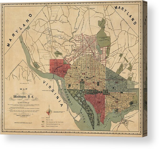 Washington Dc Acrylic Print featuring the drawing Antique Map of Washington DC by R. E. Whitman - 1887 by Blue Monocle