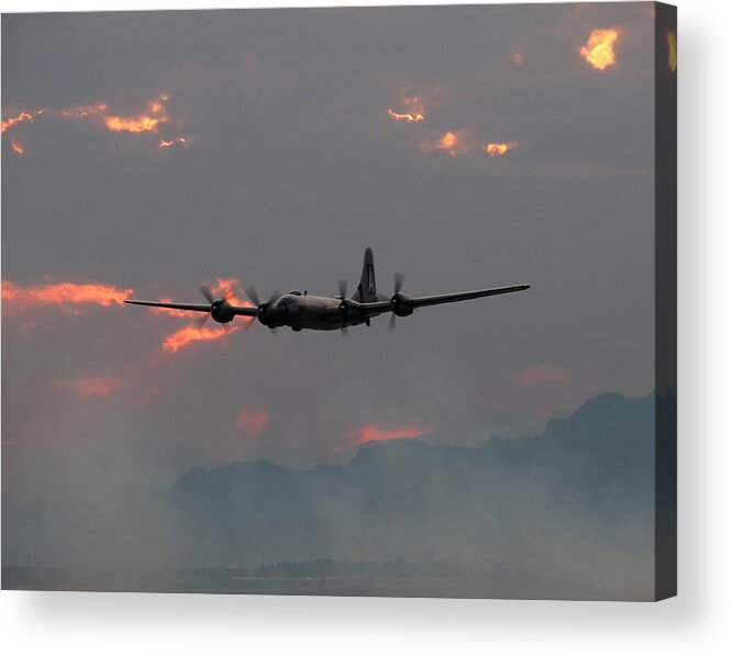 Aircraft Acrylic Print featuring the photograph B-29 Bomber Aircraft in Sunset Flight by Amy McDaniel