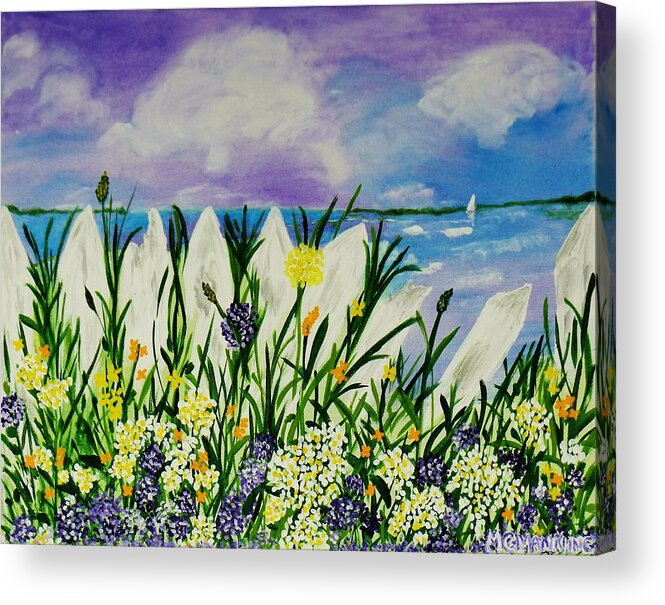 Seascape With Flowers Acrylic Print featuring the painting Backyard Beach by Celeste Manning