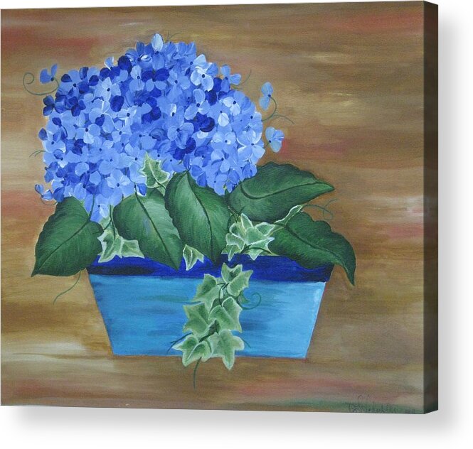 Blue Acrylic Print featuring the painting Backyard Blue Hydrangea by Deborah Schuster