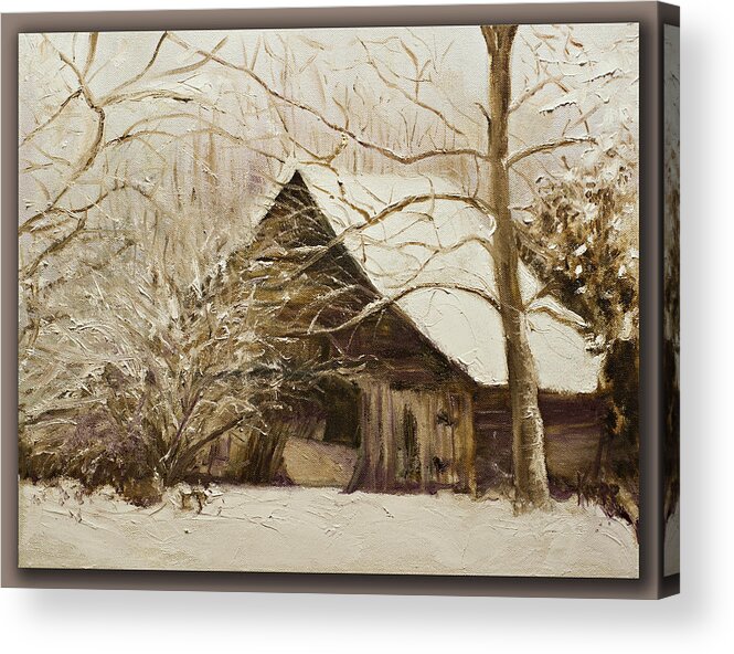 Barn Landscape Snow Acrylic Print featuring the painting Barn in snow by Kathy Knopp