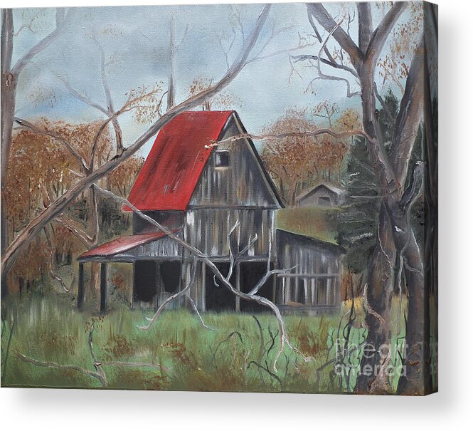 Barn Acrylic Print featuring the painting Barn - Red Roof - Autumn by Jan Dappen