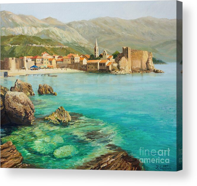 Ancient Acrylic Print featuring the painting Bay near old Budva by Kiril Stanchev