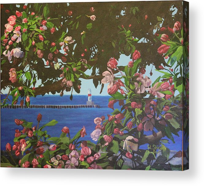 Lighthouse Acrylic Print featuring the painting Beginnings of Summer at the Waterfront by Wendy Shoults