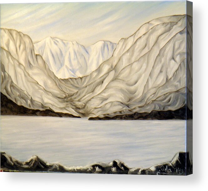 Mountains Inlets Sky Clouds Land Water Blue White Brown Black Grey Light Shadow Dark Waves Wispy Shiny Acrylic Print featuring the painting Bella Coola inlets by Ida Eriksen