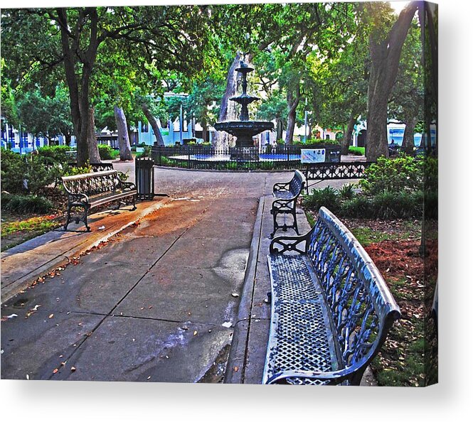 Palm Acrylic Print featuring the painting Bienville Square and the Bench 2 by Michael Thomas