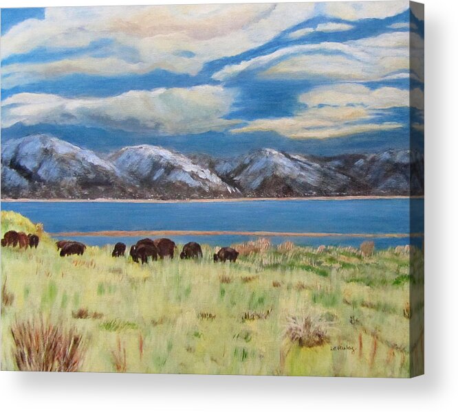 Landscape Acrylic Print featuring the painting Bison on Antelope Island by Linda Feinberg