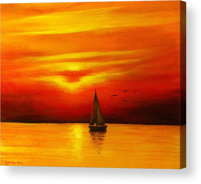 Seascape Acrylic Print featuring the painting Boat in the Sunset by Bozena Zajaczkowska