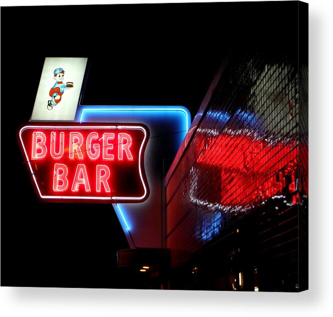 Bristol Acrylic Print featuring the photograph Burger Bar Neon Diner Sign at night by Denise Beverly