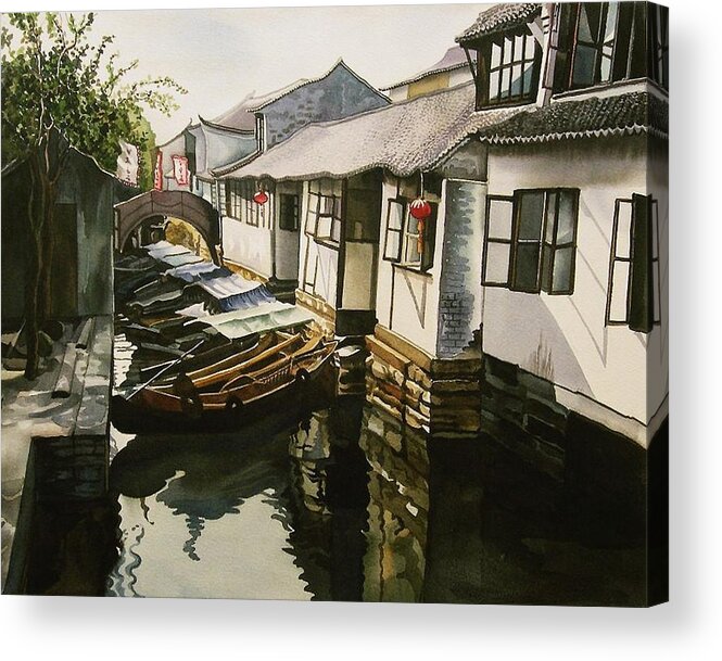 Village China Acrylic Print featuring the painting Canal At The Water Village by Alfred Ng