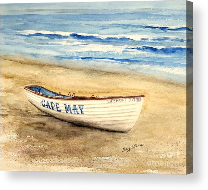 Cape May Acrylic Print featuring the painting Cape May Lifeguard Boat 217 by Nancy Patterson