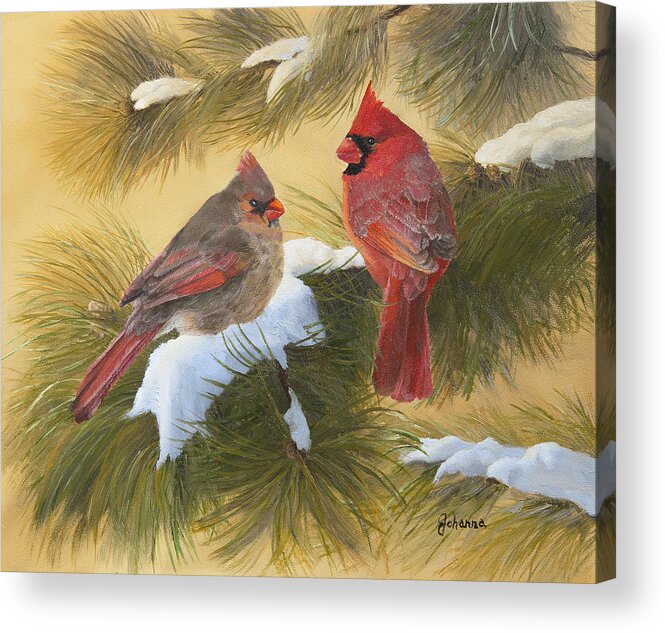 Song Birds Acrylic Print featuring the painting Cardinals And White Pine by Johanna Lerwick