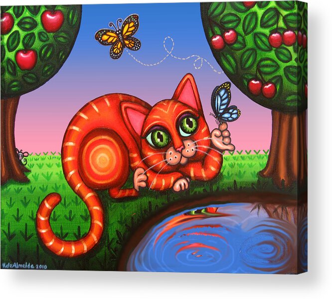 Cat Acrylic Print featuring the painting Cat in Reflection by Victoria De Almeida