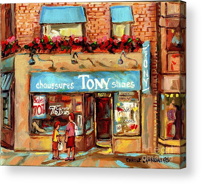 Montreal Acrylic Print featuring the painting Chaussures Tony Shoes On Greene Westmount Vintage Storefront Paintings Cityscene Montreal Art by Carole Spandau