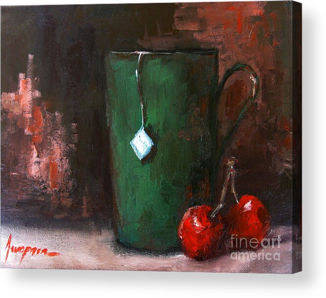 Still Life Acrylic Print featuring the painting Cherry Tea in green mug painting by Patricia Awapara