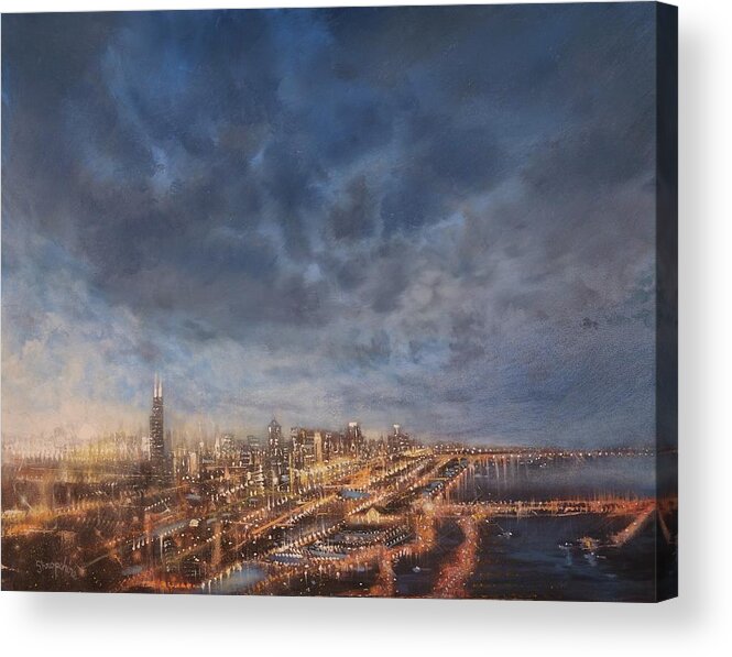 Chicago Acrylic Print featuring the painting Chicago From Above by Tom Shropshire