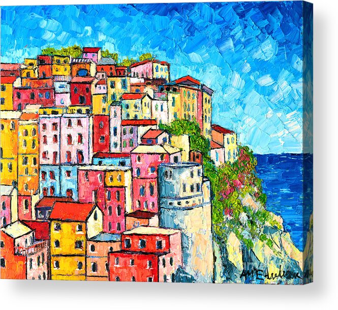 Manarola Acrylic Print featuring the painting Cinque Terre Italy Manarola Colorful Houses by Ana Maria Edulescu