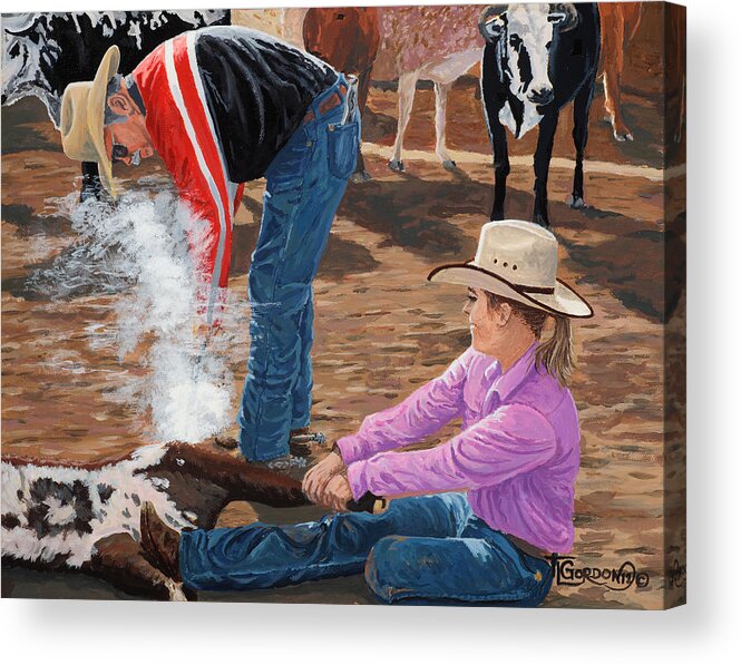 Cowgirl Acrylic Print featuring the painting Cowgirls Do It Too by Timithy L Gordon