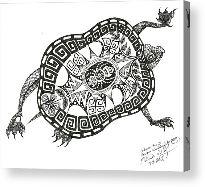 Tortoise Acrylic Print featuring the drawing Cutural Zoo 3 Eastern Woodlands Tortoise by Melinda Dare Benfield