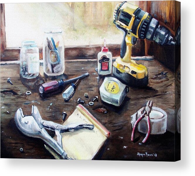 Tool Acrylic Print featuring the painting Dad's Bench by Shana Rowe Jackson
