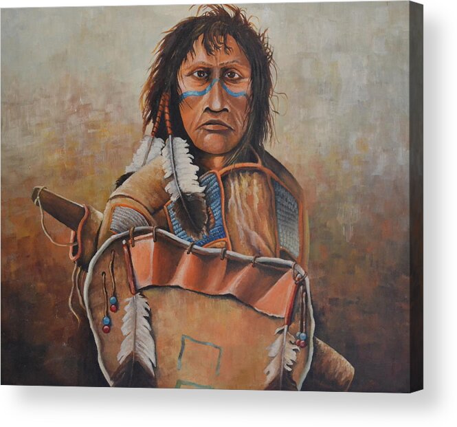 A Dakota Warrior With Shield And Bow Acrylic Print featuring the painting Dakota Warrior by Martin Schmidt