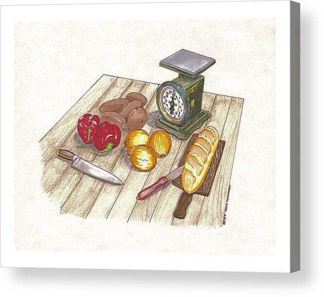 A Cook Book Illustration By Jack Pumphrey Of Vintage Kitchen Utensils And Food In A Watercolor By Jack Pumphrey Acrylic Print featuring the painting Weighing Dinner preparation Supper by Jack Pumphrey