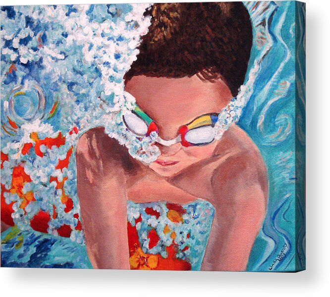 Swimming Acrylic Print featuring the painting Dive In by Linda Queally