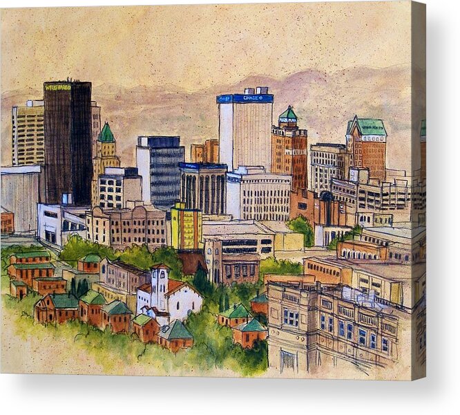 El Paso Acrylic Print featuring the painting Downtown from Rim Road by Candy Mayer