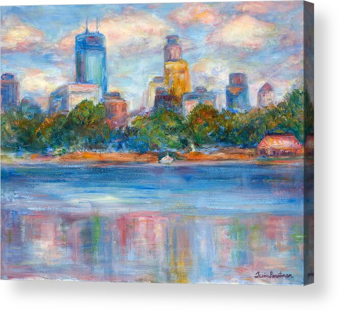 Quin Sweetman Acrylic Print featuring the painting Downtown MIneapolis from the Lake II - Or Commission Your City Painting by Quin Sweetman