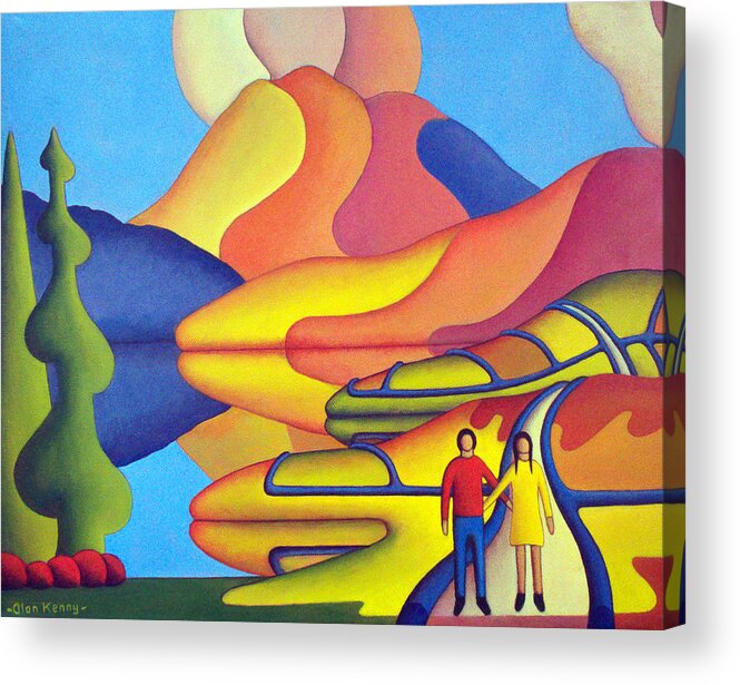 Lovers Acrylic Print featuring the painting Dreamscape with lovers by lake by Alan Kenny