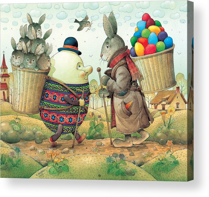 Easter Eggs Rabbit Spring Green Landscape Acrylic Print featuring the painting Eastereggs 03 by Kestutis Kasparavicius